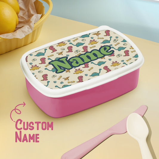 Personalised cute dinosaur print lunch box with name on lid – colourful kids school lunch box, ideal birthday gift