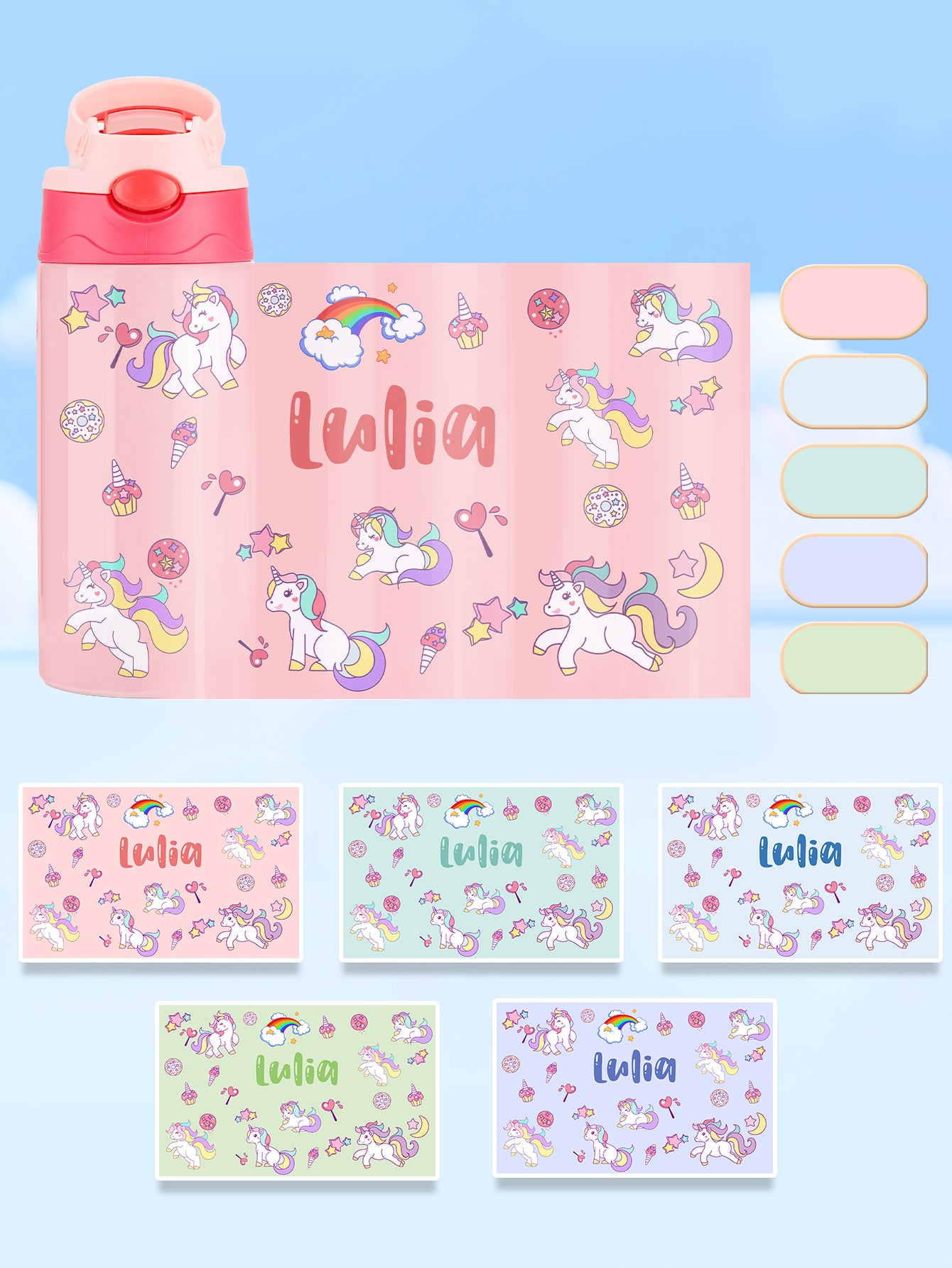Personalised Rainbow Unicorn Name Stainless Steel Water Bottle | Kids' Gift