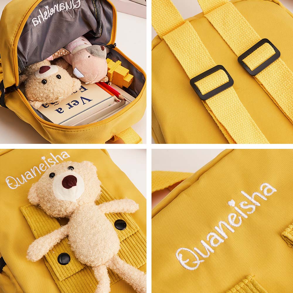 Collection of personalised name bear backpacks in different colour variants — perfect custom gifts for girls and boys