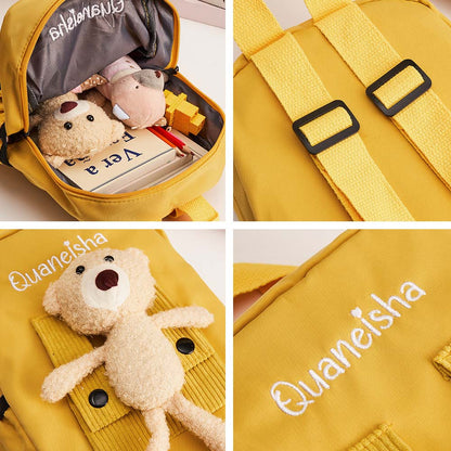 Collection of personalised name bear backpacks in different colour variants — perfect custom gifts for girls and boys