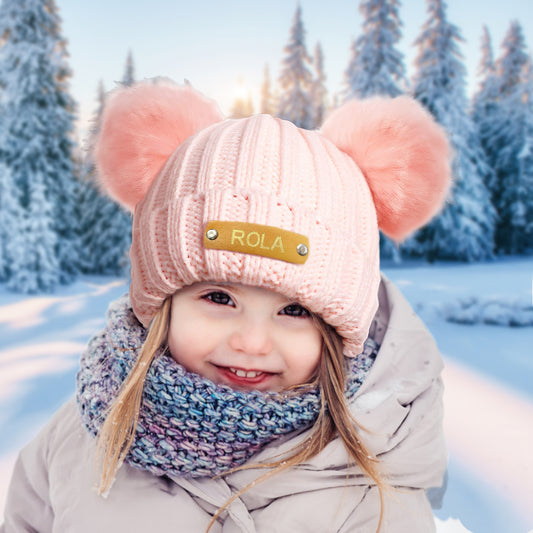 Personalised Baby Beanie with custom name hot-stamped on a genuine leather patch – soft acrylic kids hat, one size for newborns to toddlers