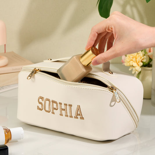 Personalised waterproof PU leather makeup bag with embroidered name, front view – travel cosmetics organiser, perfect gift for her (9.25 x 4.33 inches)