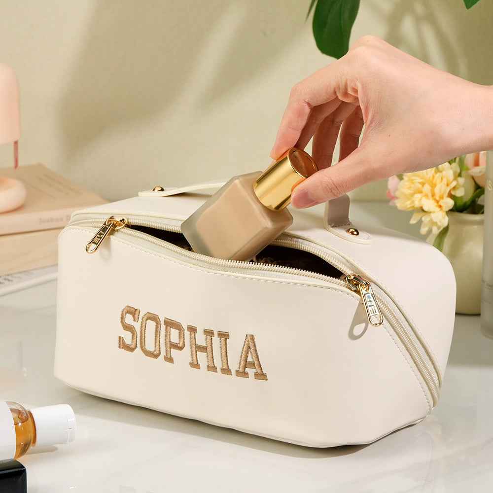 Personalized PU Leather Waterproof Makeup Bag with Embroidery Name Cosmetic Bag Travel Accessory Birthday Wedding Gift for Her