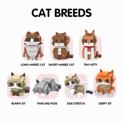 Customised two-person brick figures with cat shown from an angle – personalised photo gift highlighting pose, outfit and expression options for anniversaries and weddings