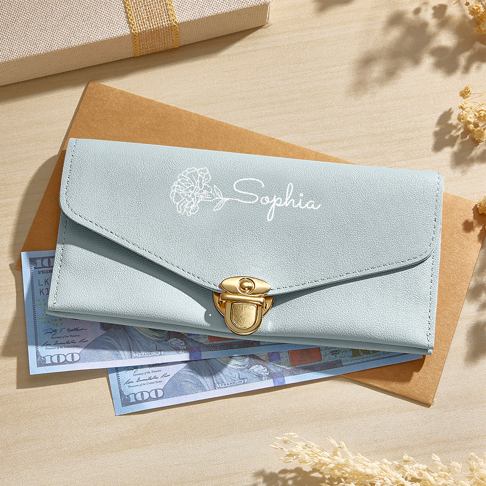 Personalised Birth Flower PU Leather Wallet with Name - Custom Birthday Gift for Her