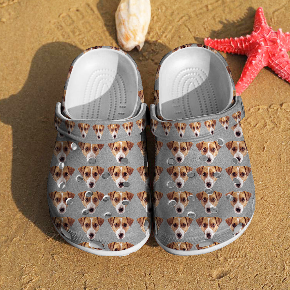 Model wearing personalised funny pet face clogs with a custom name — comfortable, casual rubber slippers for pet lovers and teens