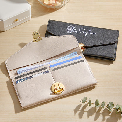 Personalised Birth Flower PU Leather Wallet with Name - Custom Birthday Gift for Her