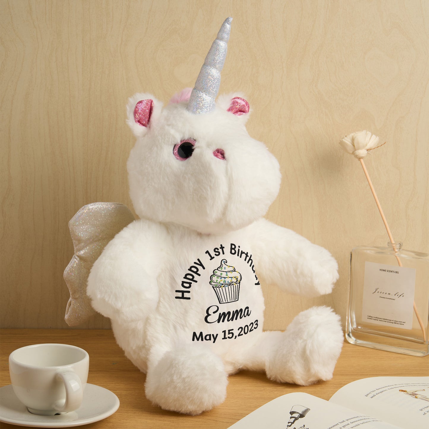 Personalised unicorn birth announcement teddy presented in gift-ready packaging, a bespoke newborn keepsake for new parents