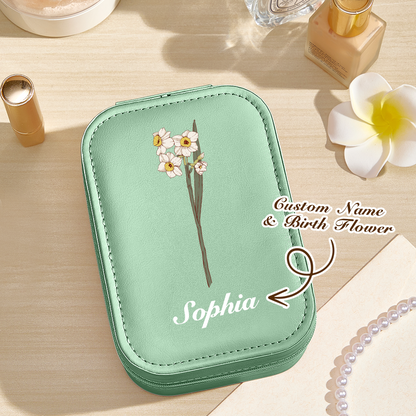 Personalised Birth Flower PU Leather Jewellery Box with LED Mirror | Unique Birthday Gift for Her