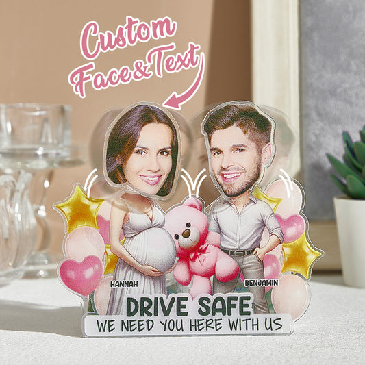 Personalised shaking head standee in clear acrylic featuring custom couple faces, 11.5×13.5cm desk ornament