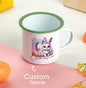 Personalised bunny enamel mug in gift-ready presentation — perfect for Easter baskets, durable enamel exterior and stainless interior