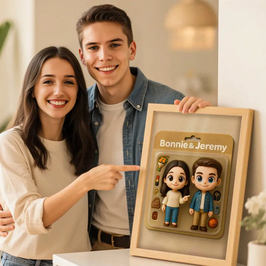 Close-up of the 3D-style figure portrait print inside a wooden frame, highlighting personalised accessories reflecting hobbies.