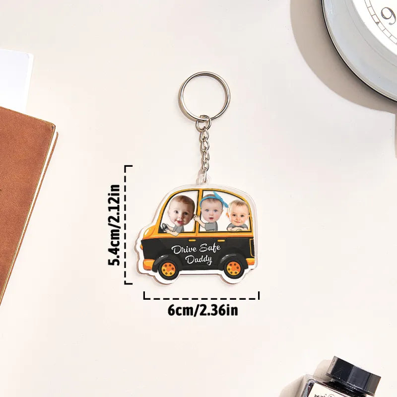 Scale shot of personalised Drive Safe keyring alongside car keys to show compact size — custom keychain for fathers