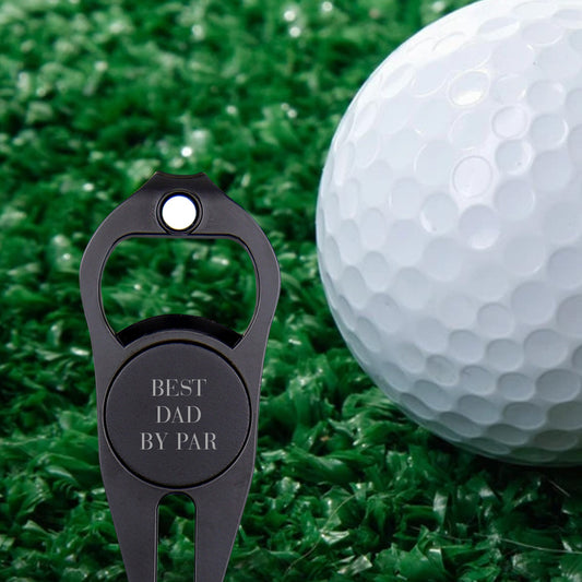 Personalised multipurpose golf ball marker & bottle opener in black — magnetic ball marker, club holder and zinc alloy keepsake gift for Dad, laser‑engraved