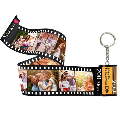 Close-up of personalised film roll keychain revealing compact customised photo frames on recycled plastic