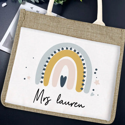 Front view of personalised teacher bag – large jute-style polyester sackcloth tote with custom name, ideal teacher gift