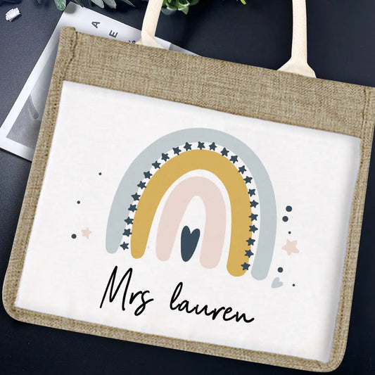 Front view of personalised teacher bag – large jute-style polyester sackcloth tote with custom name, ideal teacher gift