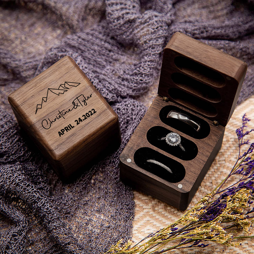 Personalised Triple Slot Wooden Ring Box - Engraved Name & Date