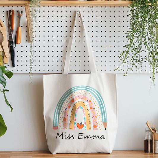 Personalised teacher tote bag on neutral canvas with boho rainbow print and custom name on front — stylish, practical teacher gift