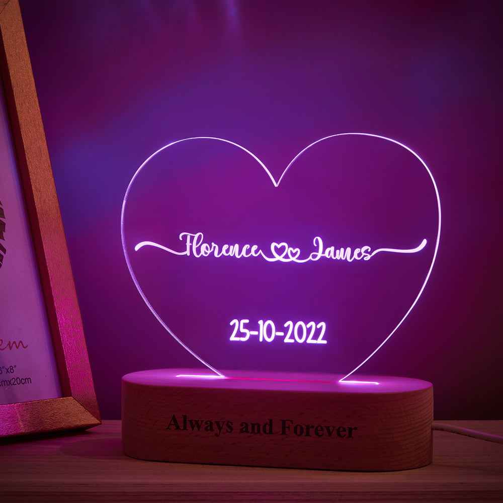 Personalised Heart Shaped Night Light with Custom Name & Date - Acrylic Plaque