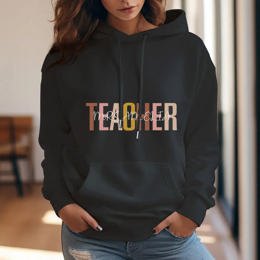 Front view of personalised teacher hooded sweatshirt in soft polyester — custom name hoodie ideal as a back-to-school gift for teachers