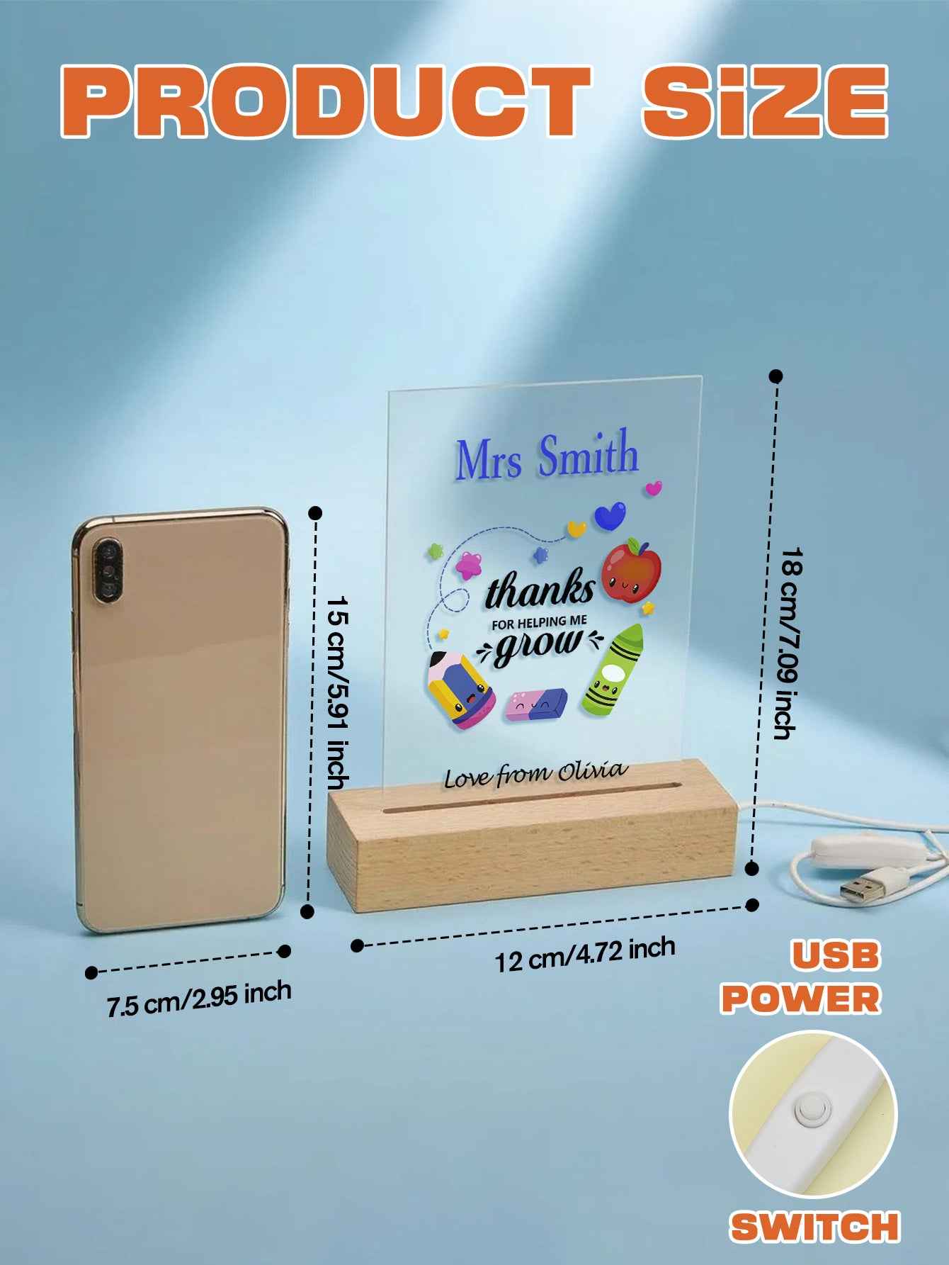 Custom Engraved Back to School Transparent Night Light with Pencil Design White Light Teacher's Day Gift