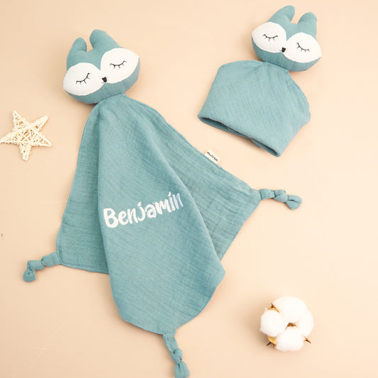 Personalised baby comfort towel with embroidered name in soft premium cotton, 24cm x 24cm — a newborn keepsake and soothing comforter