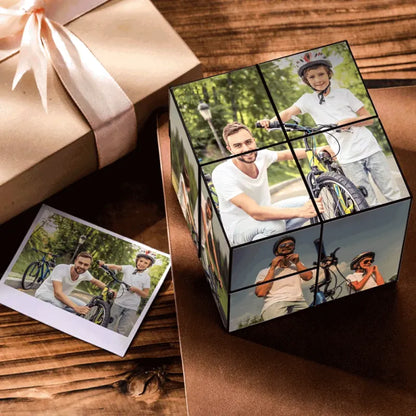 Three-view montage of a custom infinity folding cube showing front, side and unfolded images — ideal custom photo cube present