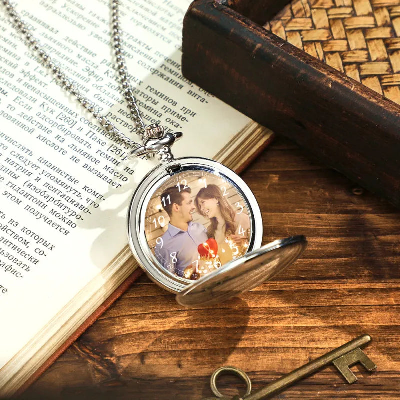Close-up of engraved details on personalised pocket watch back with bespoke text – engraved pocket watch memorial or anniversary gift