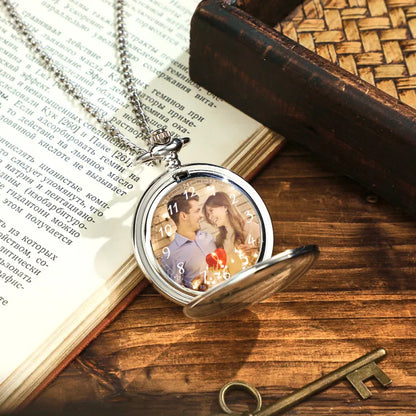 Close-up of engraved details on personalised pocket watch back with bespoke text – engraved pocket watch memorial or anniversary gift