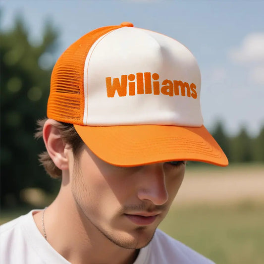 Front view of a Personalised Puff Print Trucker Hat with raised custom name on the foam front, mesh back and adjustable snapback — Custom Name Foam Trucker Cap
