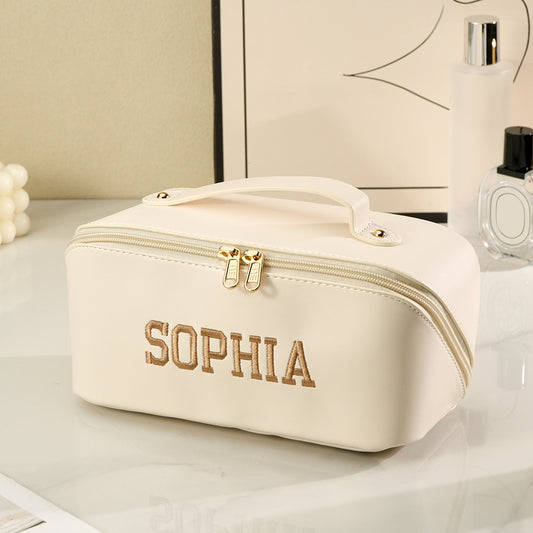 Personalised waterproof PU leather makeup bag with embroidered name, front view – travel cosmetics organiser, perfect gift for her (9.25 x 4.33 inches)