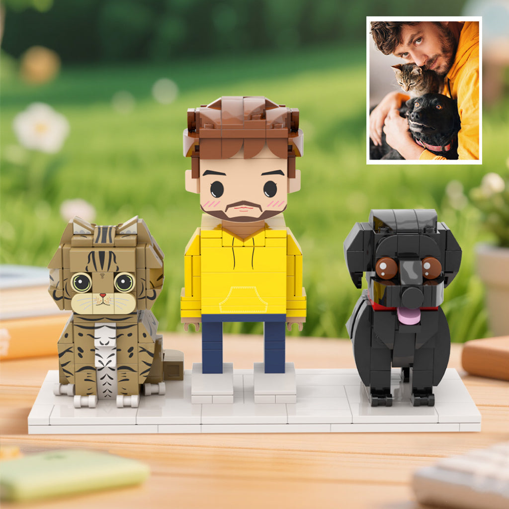 Custom full-body brick figure of one person with dog – personalised anniversary and birthday gift, handcrafted eco-friendly ABS keepsake