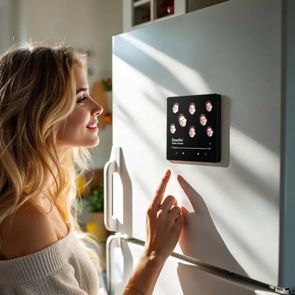 Lifestyle kitchen scene of FridgeBeats personalised music fridge magnet playing a romantic track – a personalised gift for couples