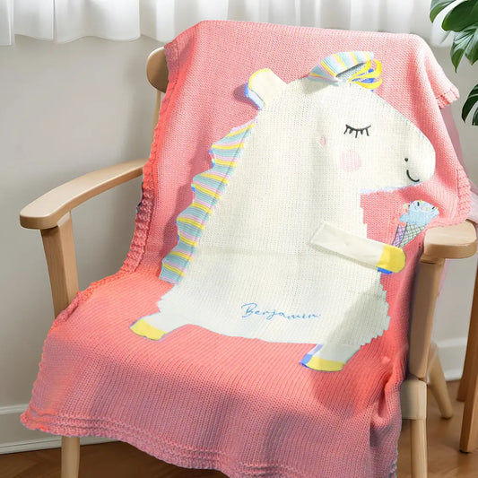 Personalised embroidered unicorn baby blanket in soft Orlon knit with name