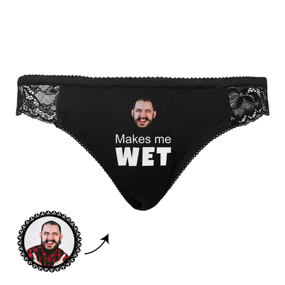 Custom Face Lace Black Panties with personalised photo on the front, side lace panels and elasticated waistband – sexy, breathable personalised underwear gift for her