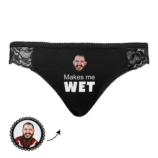 Custom Face Lace Black Panties with personalised photo on the front, side lace panels and elasticated waistband – sexy, breathable personalised underwear gift for her