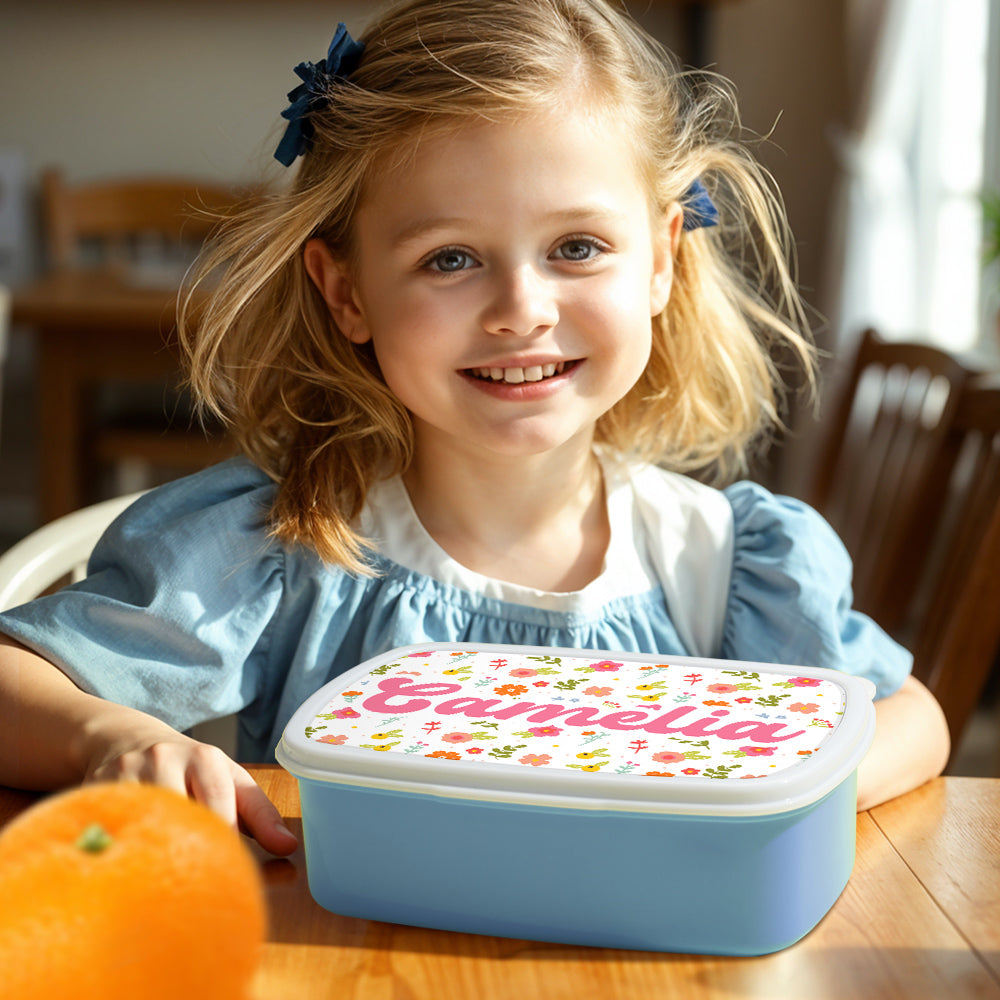 Dimensions labelled: 18.5×13×6 cm (7.28×5.11×2.36 in) personalised lunch box with colourful floral print – ideal school size