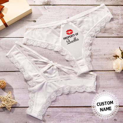 Personalised white lace thong (Custom Name Thong) front view showing soft modal fabric, delicate lace trim and elastic waistband — perfect personalised gift for Valentine’s or anniversaries