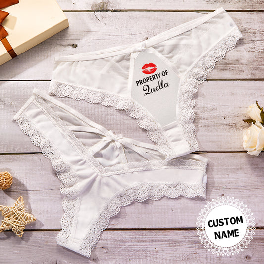 Personalised white lace thong (Custom Name Thong) front view showing soft modal fabric, delicate lace trim and elastic waistband — perfect personalised gift for Valentine’s or anniversaries