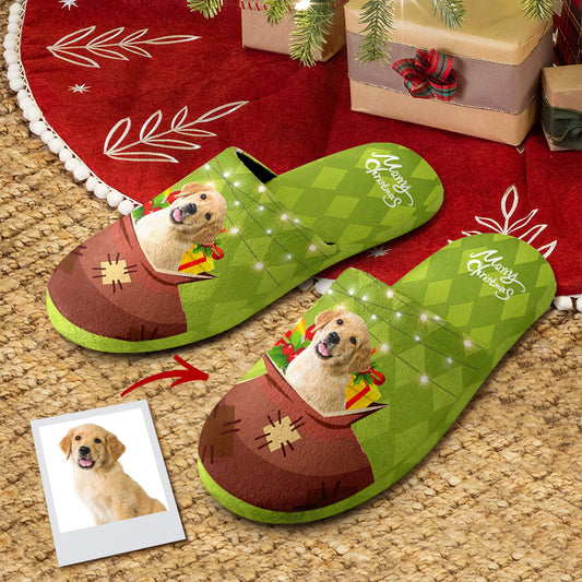 Personalised Christmas cotton slippers with custom photo printed on soft flannel upper, cotton lining and waterproof non-slip TPR sole — ideal personalised photo gift.