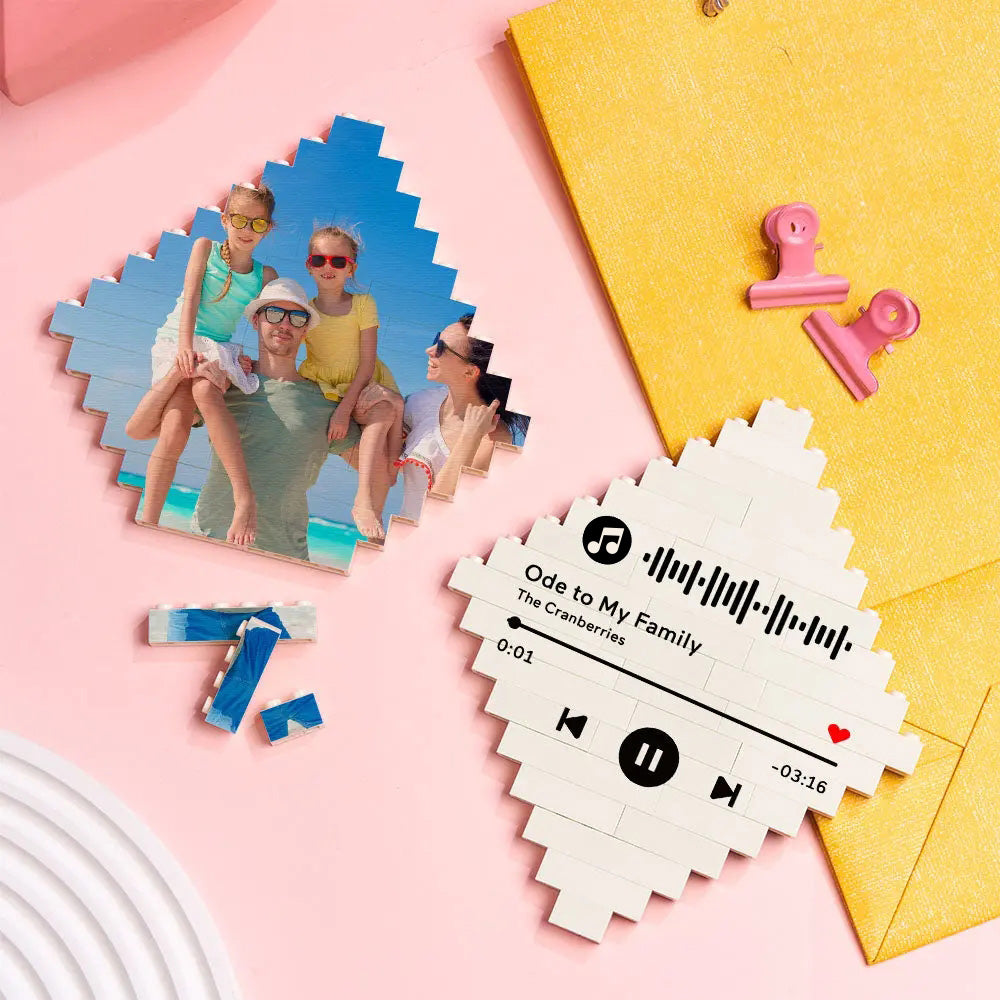 Multiple custom lozenge bricks arranged to form a collage of photos — personalised keepsake playset for children
