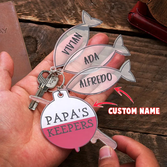 Personalised 'Papa's Keeper' fishing rod acrylic keyring with fish charm — clear glossy finish, custom name gift for Dad or grandad