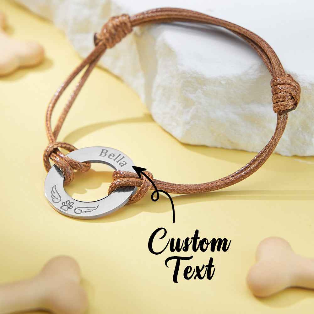 Personalized Engraved Angel Wings Pet Paw Print PU Leather Rope Bracelet Memorial Gift for Pet Lovers