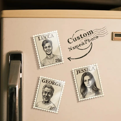 Custom portrait magnet with vintage postage-stamp design on a beige background; line-art portrait on acrylic fridge magnet with perforated edges (5.5 x 7 cm).