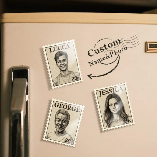 Custom portrait magnet with vintage postage-stamp design on a beige background; line-art portrait on acrylic fridge magnet with perforated edges (5.5 x 7 cm).