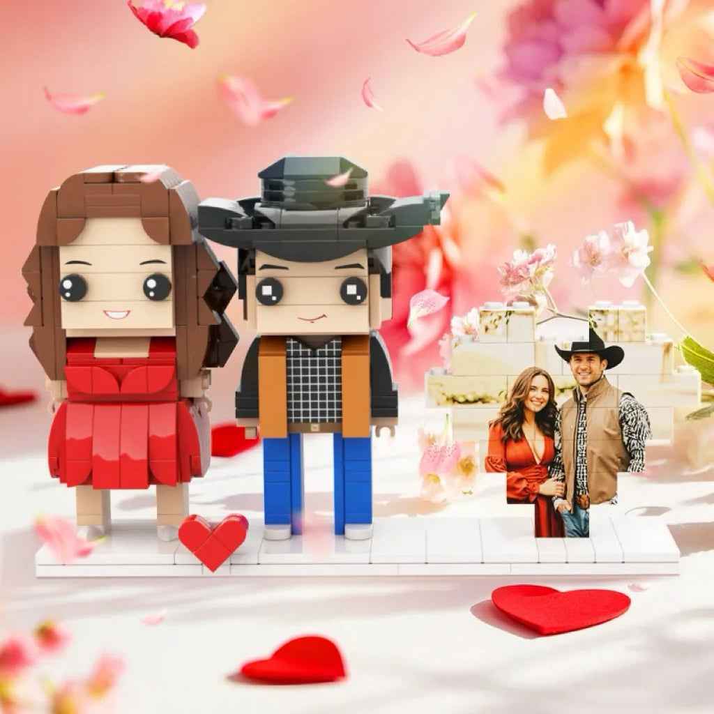Full Body Custom 2 people Brick Figure with Heart Photo Valentines Gift Anniversary Gift