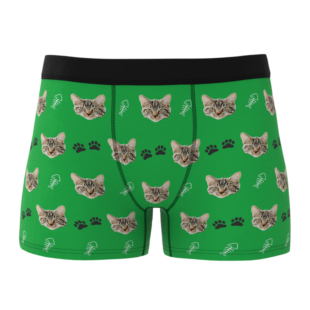 Close-up of heat transfer print on personalised boxer briefs showing vivid colours and clear cat face detail — durable photo printing for men's underwear