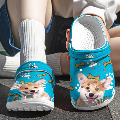 Side profile of personalised rubber clogs showing pet face design and heel strap – custom pet slippers