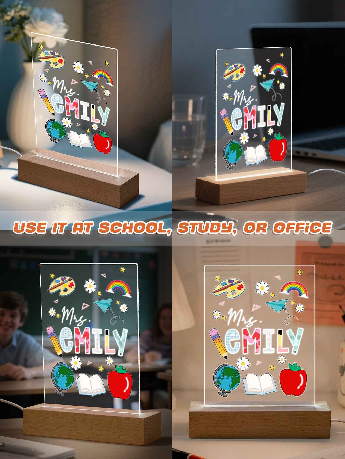 Custom Engraved Back to School Transparent Night Light with Stationery Design White Light Teacher's Day Gift